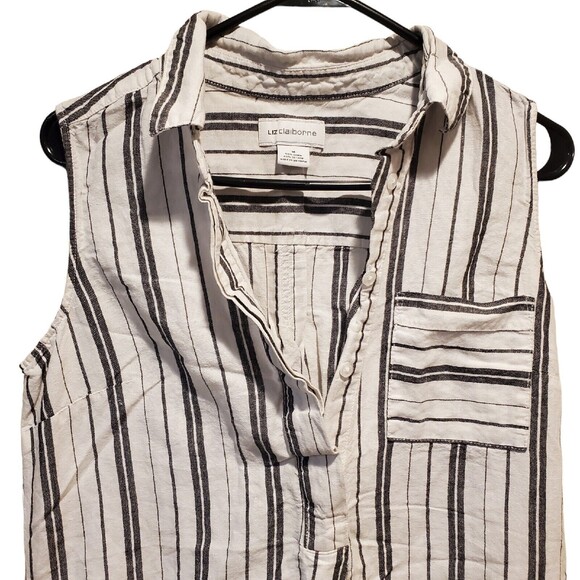 Liz Claiborne Linen Blend Collar Stripe A-Line SIZE M Sleeveless Women Pockets - Picture 2 of 5